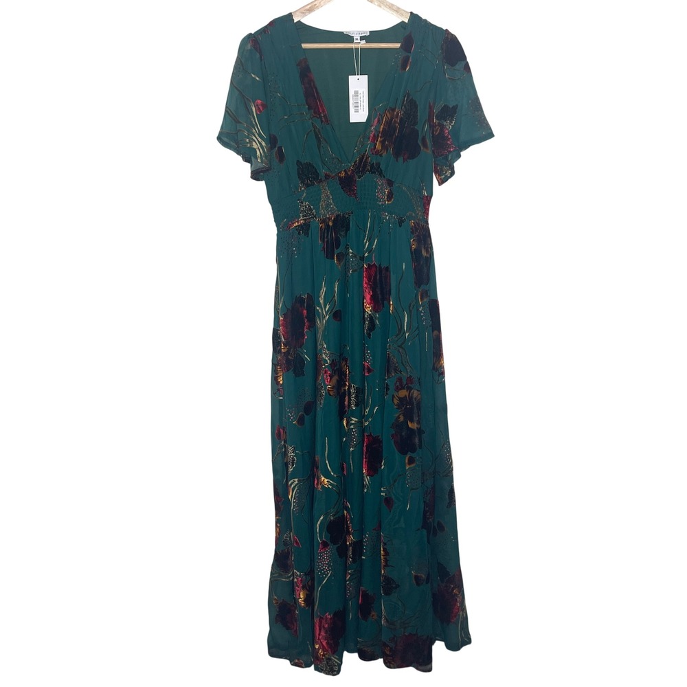 Baltic Born Valen Maxi Dress XL Jade Multi Floral Burnout Velvet Flutter Sleeve - Picture 2 of 12